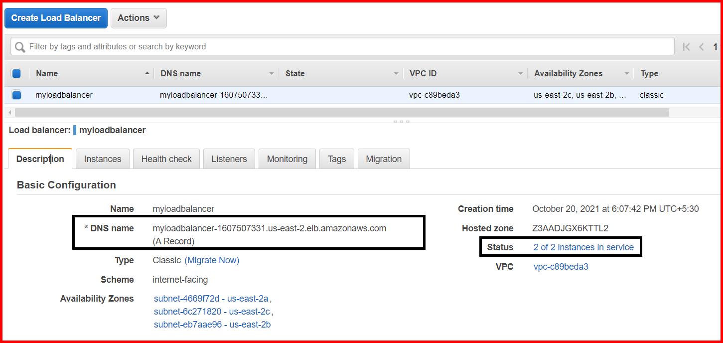 Picture showing the Description tab that specifies the DNS name and status of the load balancer